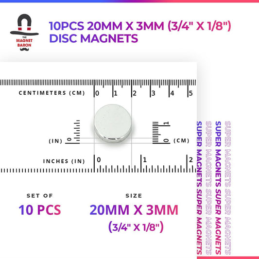 10pcs 20mm x 3mm (3/4" x 1/8") Disc Magnets