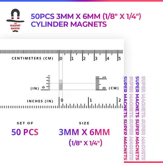 50pcs 3mm x 6mm (1/8" x 1/4") Cylinder Magnets