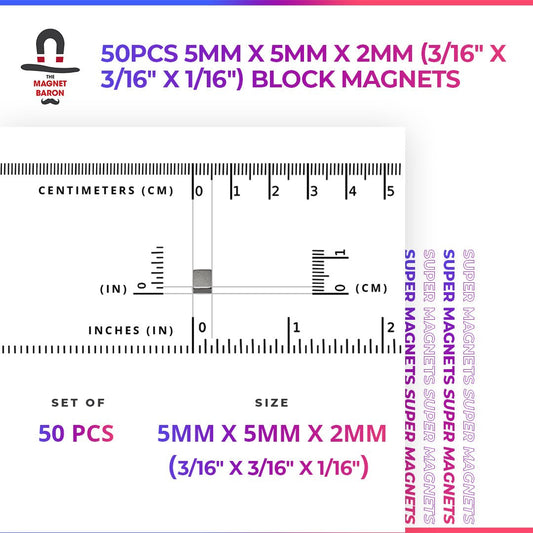 50pcs 5mm x 5mm x 2mm (3/16" x 3/16" x 1/16") Block Magnets