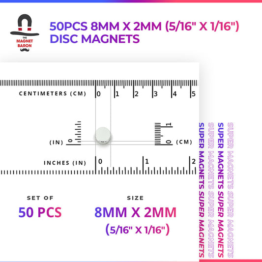 50pcs 8mm x 2mm (5/16" x 1/16") Disc Magnets