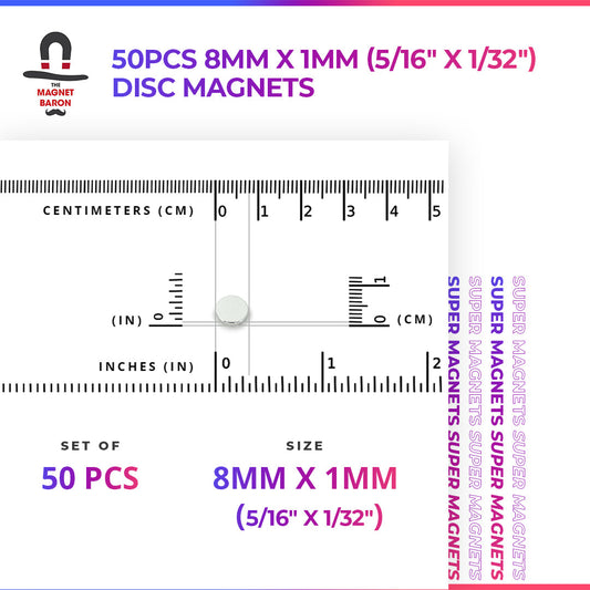 50pcs 8mm x 1mm (5/16" x 1/32") Disc Magnets
